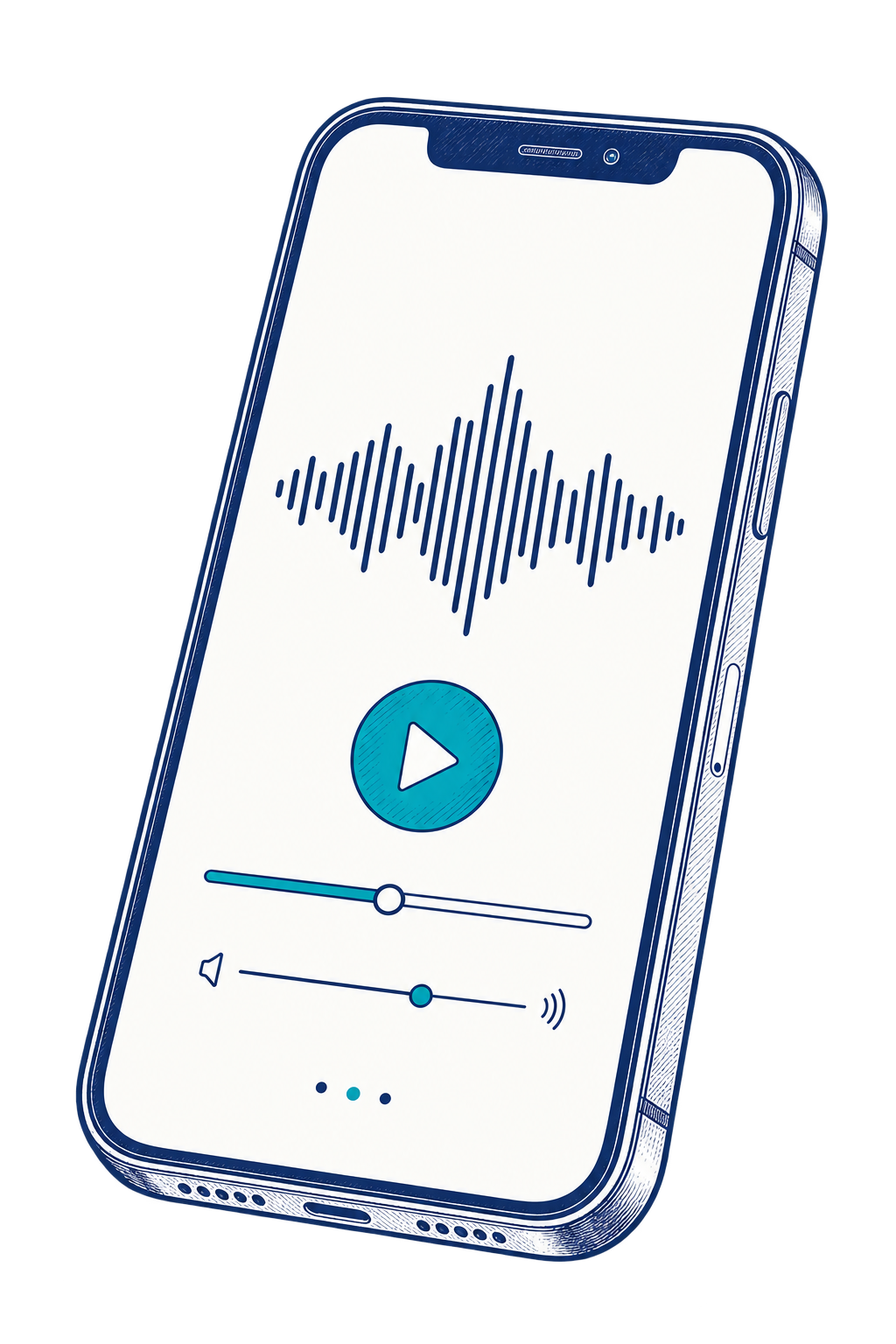 Celular ilustrado a tinta, con una onda de audio y un control de reproducción en su pantalla