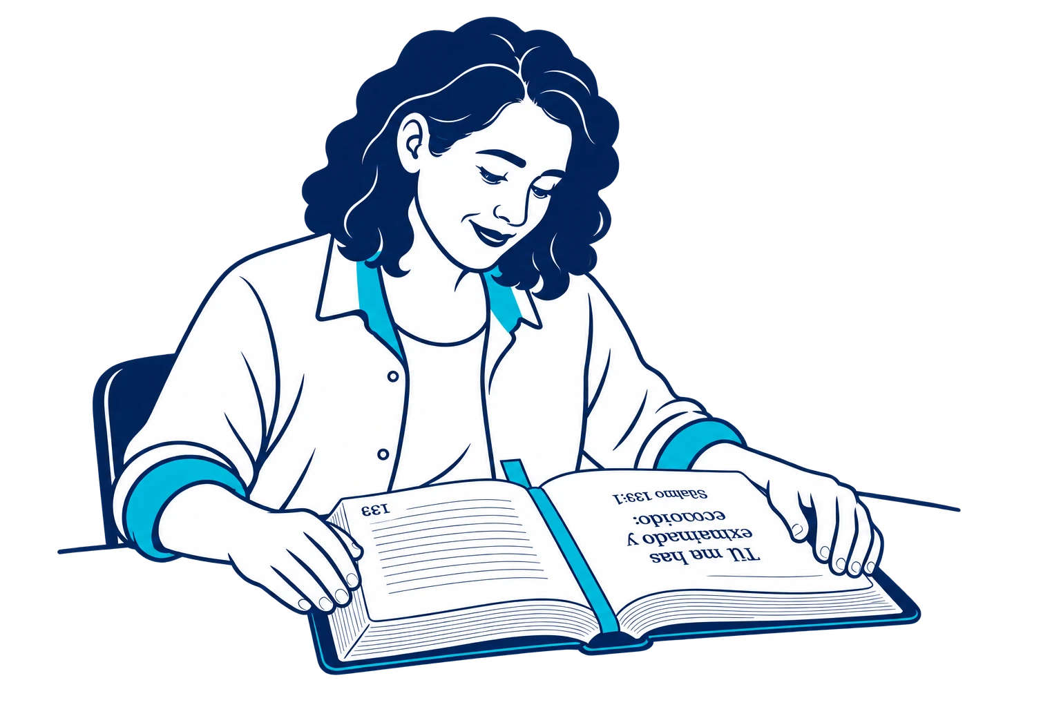 Una mujer lee la Biblia con las manos apoyadas en los márgenes del libro abierto.