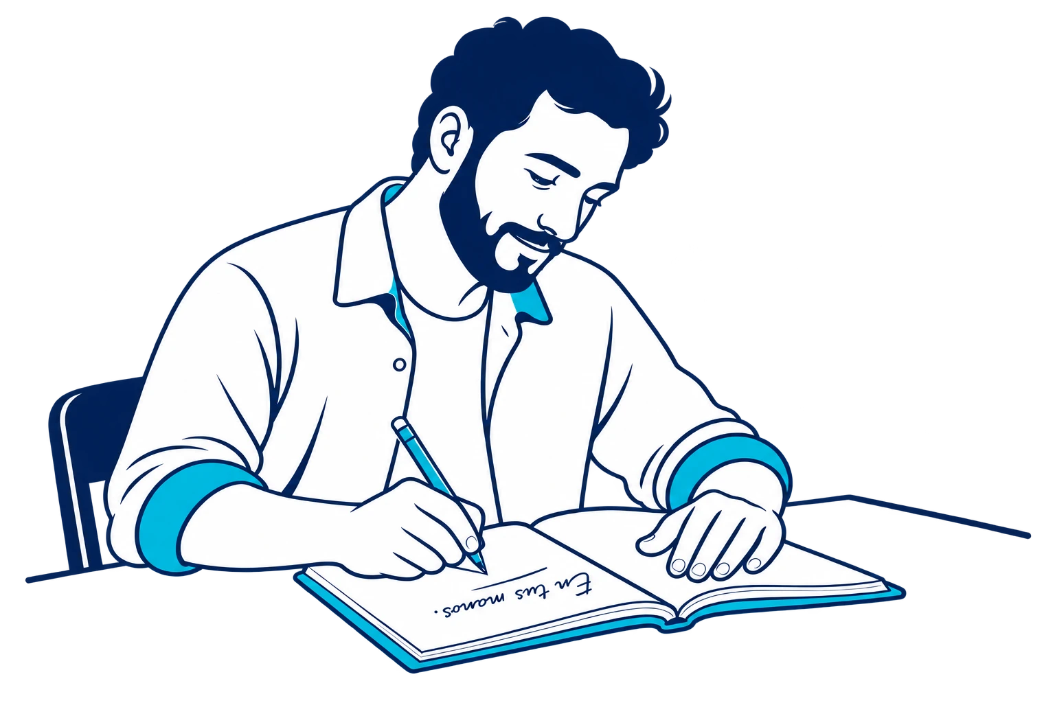 Un hombre escribe una reflexión en un cuaderno abierto, apoyado sobre la mesa.