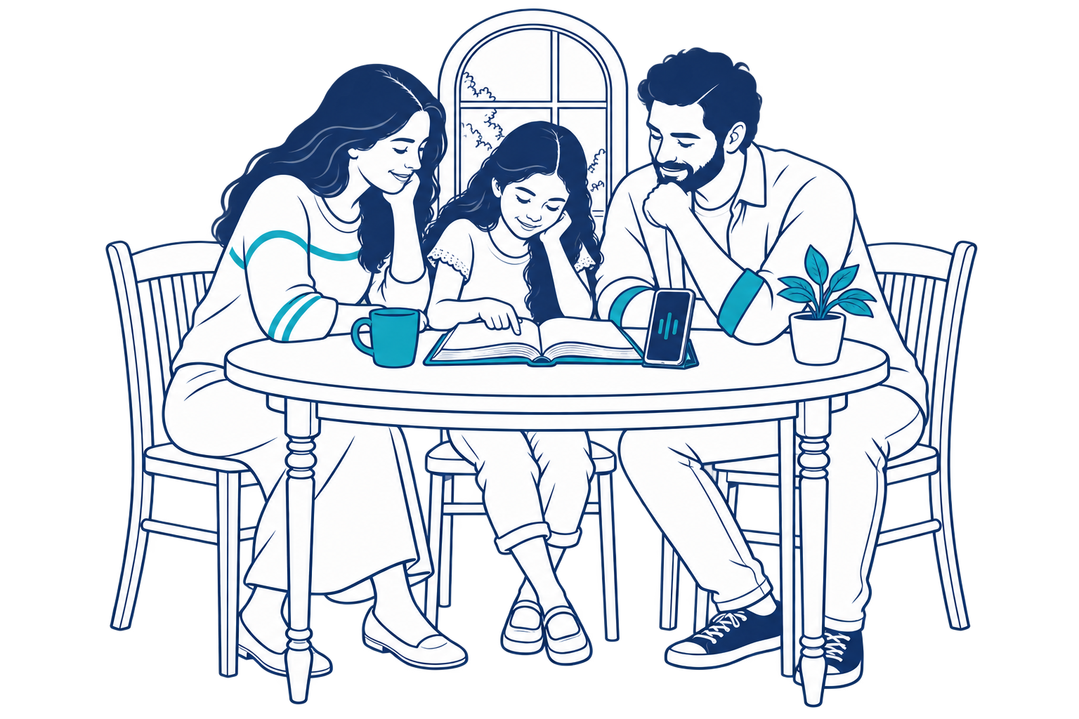 Una familia escucha un devocional desde el celular y conversa alrededor de una Biblia abierta en su mesa